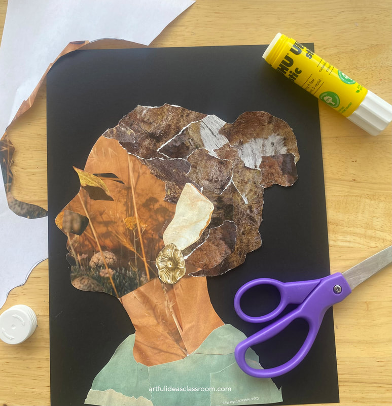 Portrait collage of a woman in profile on a table with scissors and glue stick 