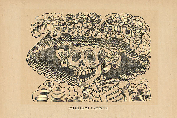 Black and white engraving of a skeleton wearing an elegant wide brimmed hat by Mexican artist José Guadalupe Posada