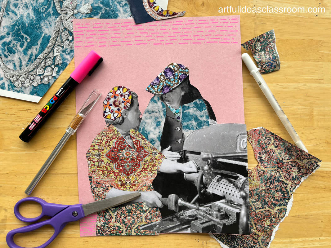 Collage artwork featuring Eleanor Roosevelt and a British factory worker with colorful patterned collage elements and art supplies on a wooden table.