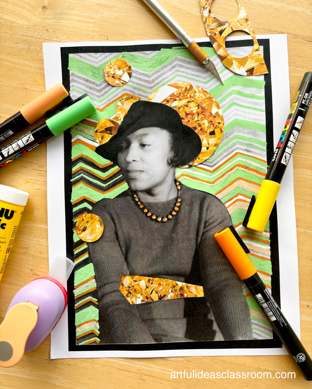 Collage artwork featuring Zora Neale Hurston with colorful patterned background and art supplies on a wooden table.